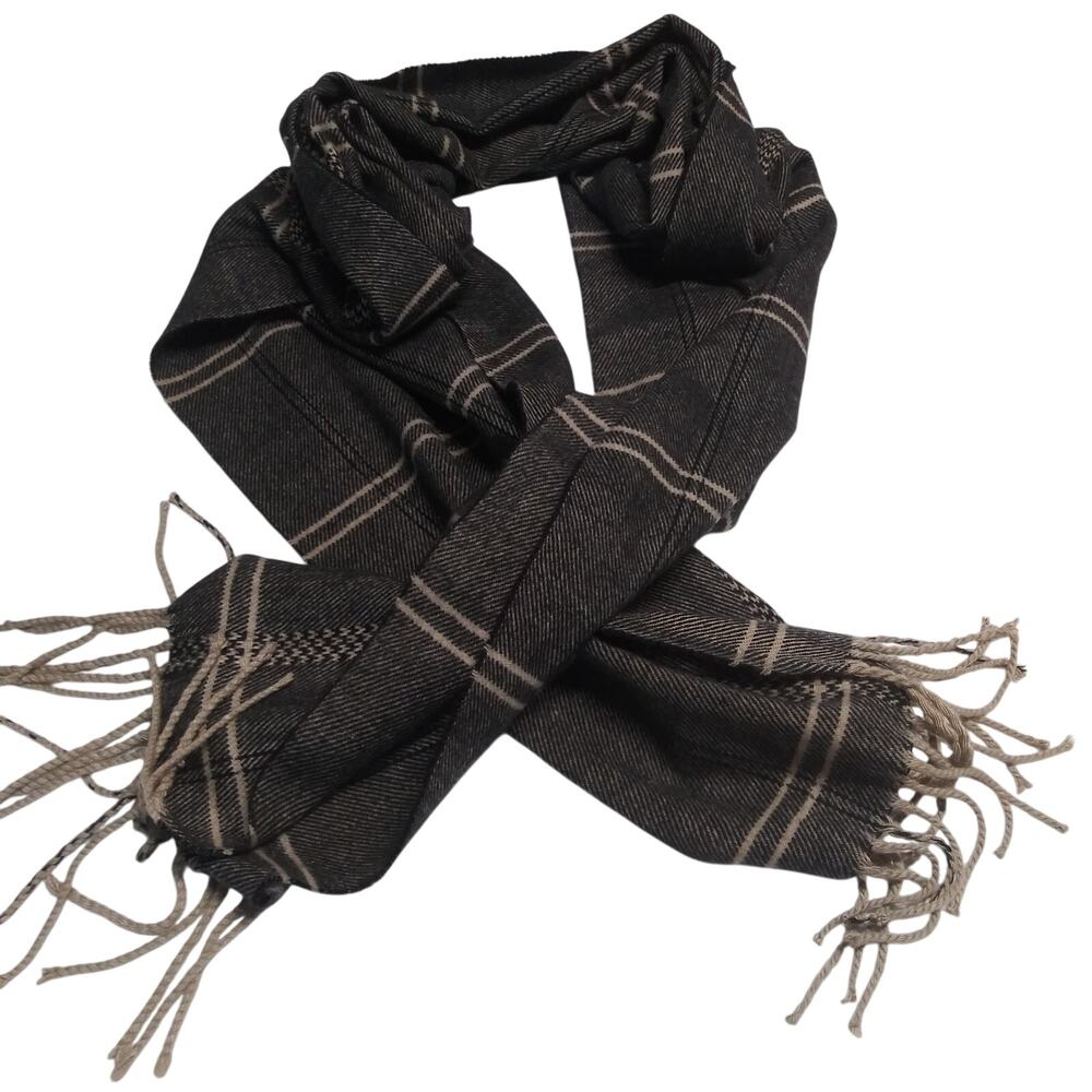 Scotland Cashmere Plaid Gray Tan Fringe Scarf Preppy Luxury